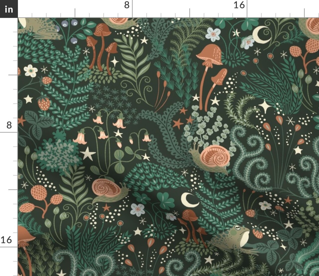 Fairy Tale Forest Frog Snail Green Fern Magic Scandinavian Moon Mushroom Night Sky Custom Printed Fabric by Spoonflower Various Fabrics by the Yard or Fat Quarter